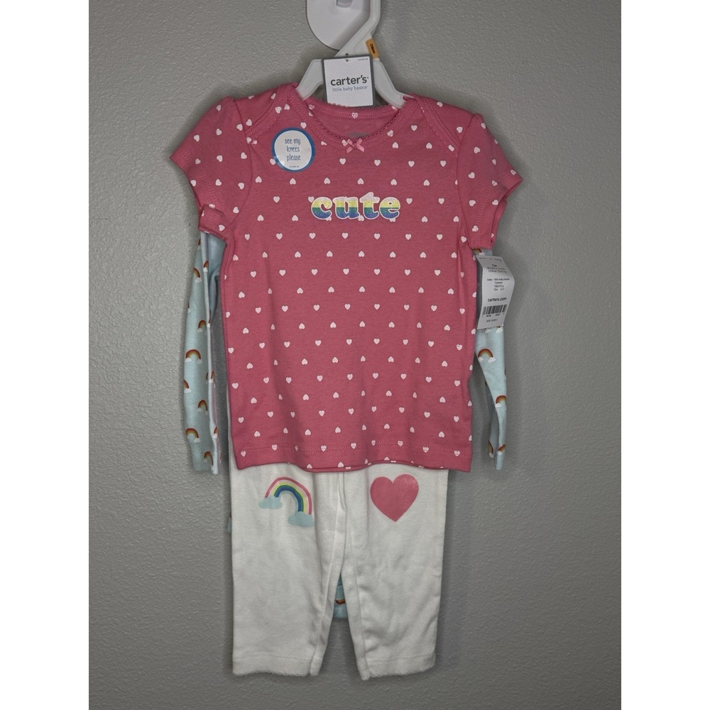 Girls 12mo Carters 3 Piece Outfit Set Top Pants Pink Hearts NWT